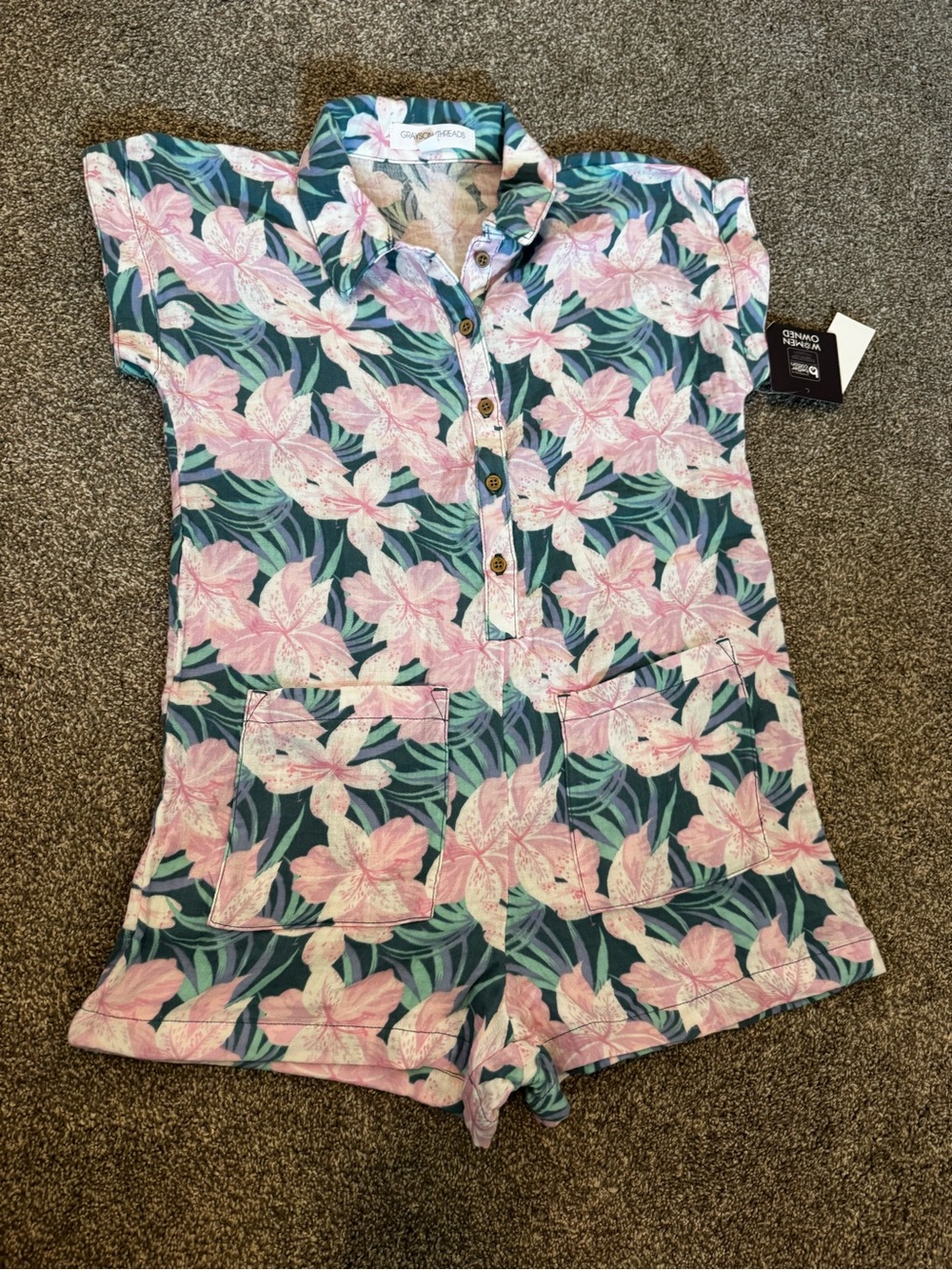 Grayson Threads Girls Medium M (Sz 8) Green romper Pink tropical flowers cotton